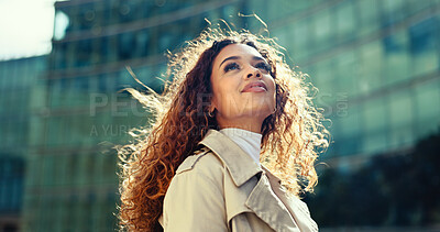 Buy stock photo Happy, thinking and woman in city, travel and journey for work, confident and outdoor in morning. Building, contemplating and professional with ideas for journalism, road and opportunity for person