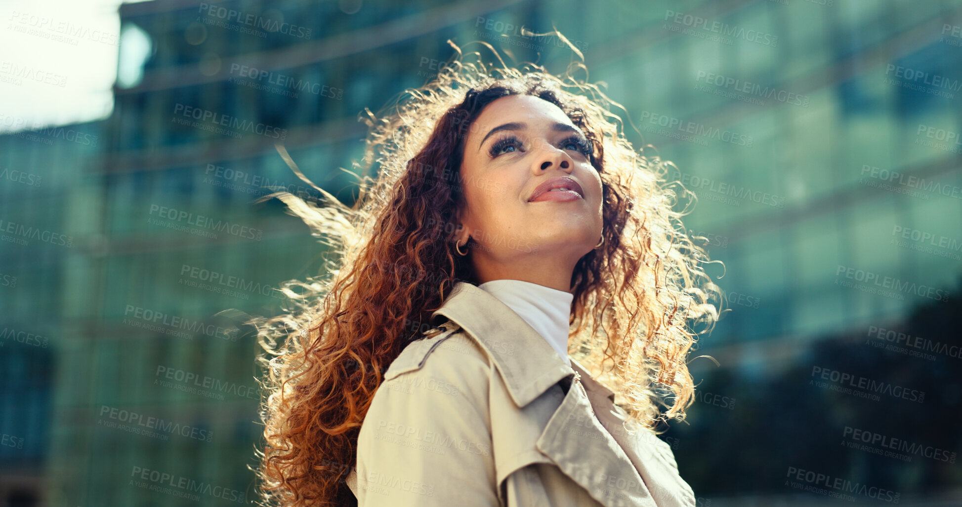 Buy stock photo Happy, thinking and woman in city, travel and journey for work, confident and outdoor in morning. Building, contemplating and professional with ideas for journalism, road and opportunity for person