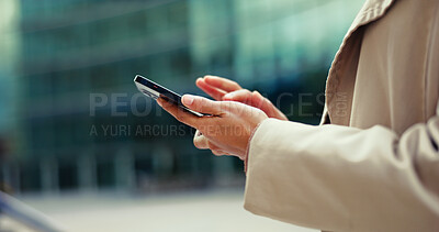 Buy stock photo Travel, hands and phone with person in city for direction, location app and typing. Social media, search and online map with closeup and mobile in Brazil for navigation, network and adventure