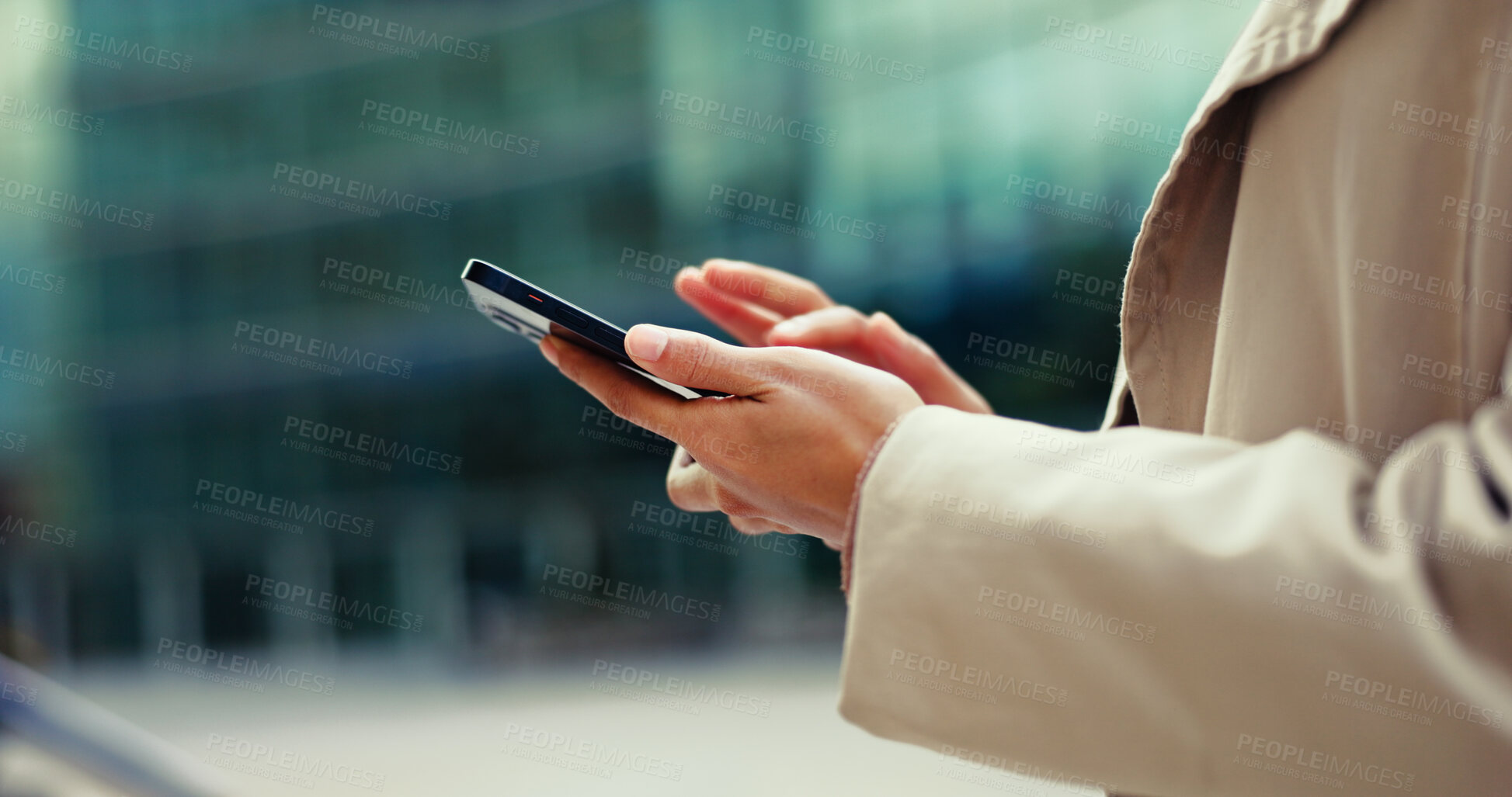 Buy stock photo Travel, hands and phone with person in city for direction, location app and typing. Social media, search and online map with closeup and mobile in Brazil for navigation, network and adventure