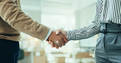 Buy stock photo Business people, handshake and meeting with teamwork for partnership, deal or agreement at office. Closeup, employees or colleagues shaking hands for negotiation, hiring or recruiting at workplace