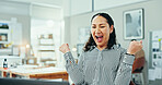 Excited woman, surprise or winning with laptop for good news, promotion or celebration at office. Happy, female person or employee with smile or fist pump for great offer, deal or prize at workplace