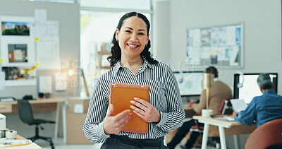 Buy stock photo Woman, engineer and portrait in office for business, career development and pride for private firm. Designer, happy or tablet in agency for creativity, architect or excited for project or opportunity