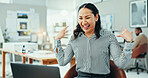 Happy woman, celebration and winning with laptop for good news, promotion or email at office. Excited, female person or employee with smile on computer for amazing offer, deal or prize at workplace