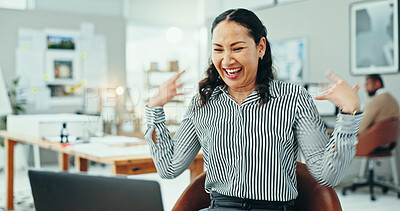 Buy stock photo Happy woman, celebration and winning with laptop for good news, promotion or email at office. Excited, female person or employee with smile on computer for amazing offer, deal or prize at workplace
