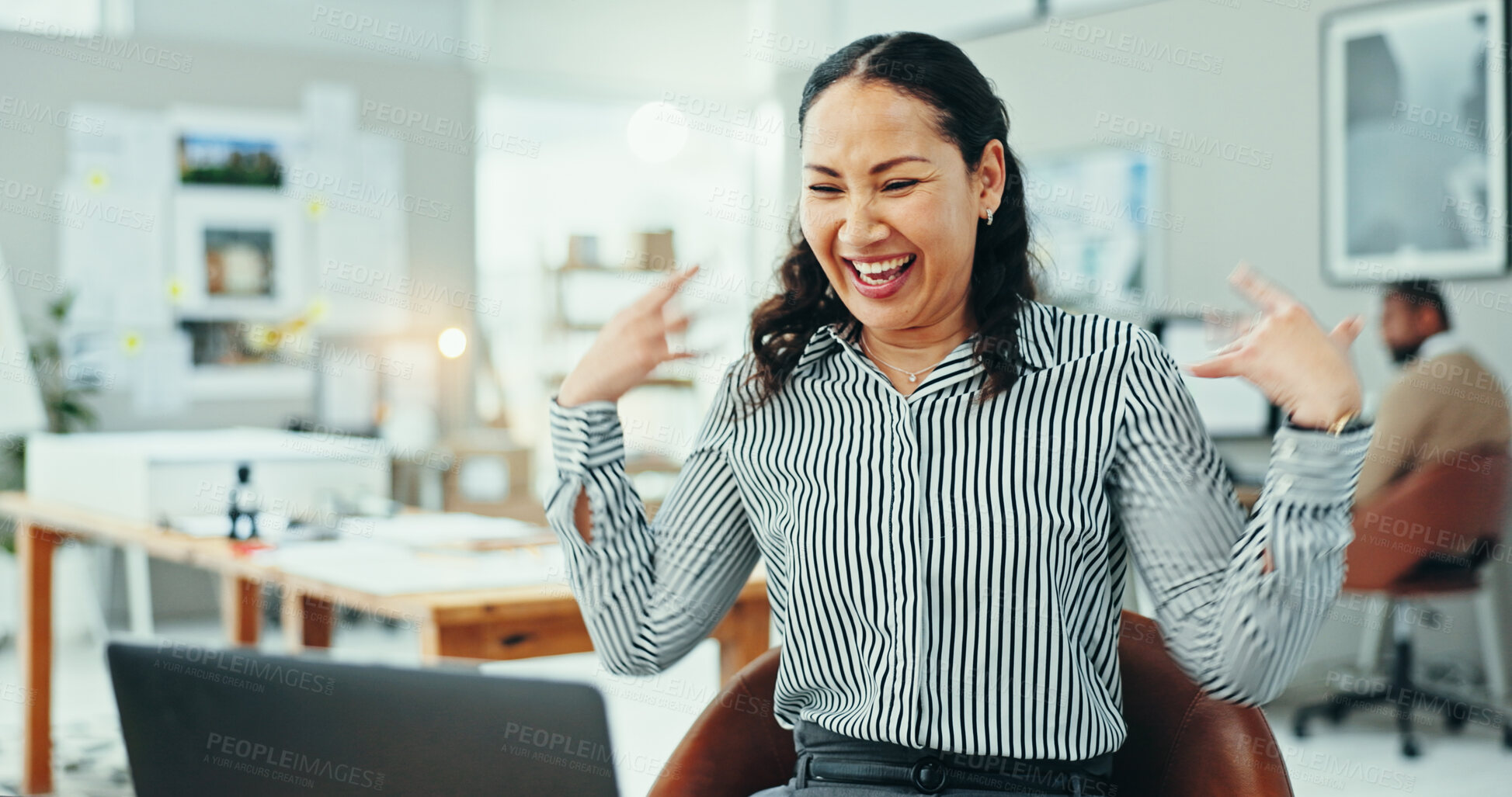 Buy stock photo Happy woman, celebration and winning with laptop for good news, promotion or email at office. Excited, female person or employee with smile on computer for amazing offer, deal or prize at workplace