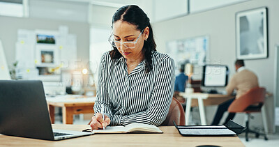 Buy stock photo Research, laptop and woman in office with notes, business plan and online website project for graphic design. Schedule, agenda and businesswoman writing creative ideas in notebook at digital agency