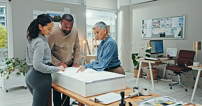 Buy stock photo Architects, lightbox and discussion with agency, planning and meeting for creative partnership. Businessman, woman and engineering with blueprint, brainstorming and problem solving for startup office