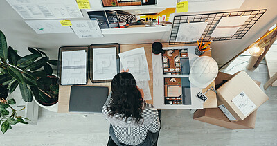 Buy stock photo Above, woman and planning in office for architecture, design process or blueprint for housing development. Engineer, moodboard or creative at desk for building renovation, project management or ideas
