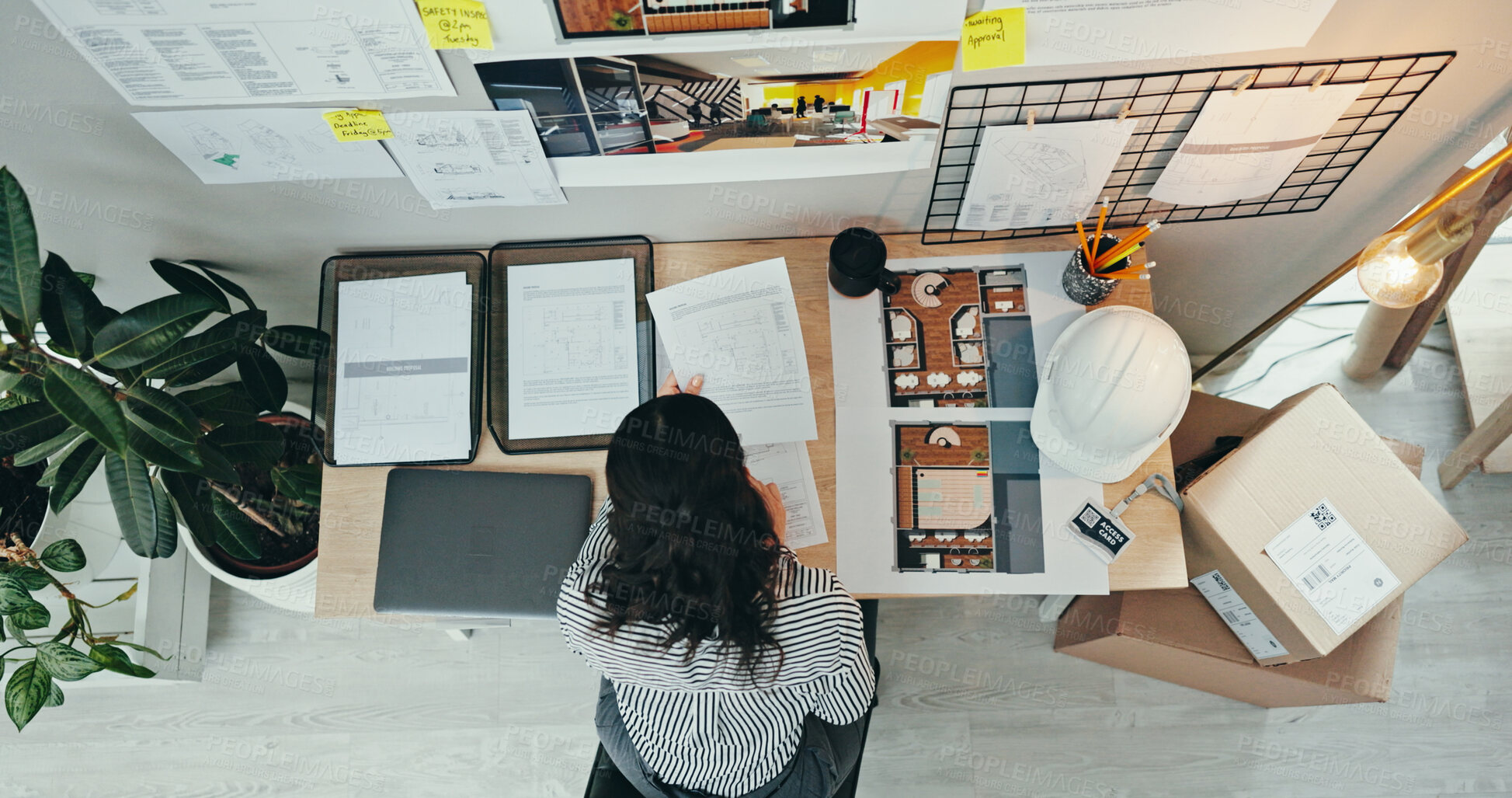 Buy stock photo Above, woman and planning in office for architecture, design process or blueprint for housing development. Engineer, moodboard or creative at desk for building renovation, project management or ideas