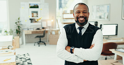 Buy stock photo Crossed arms, office and portrait of business black man with confidence, ambition and company pride. Startup agency, professional and happy person smile for architecture, design and creative career