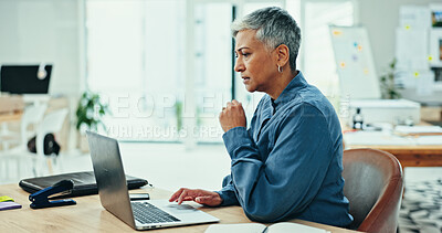 Buy stock photo Mature, laptop or businesswoman in office for research online for real estate opportunity or listing services. Realtor, reading or browsing housing website for apartment post, project or property ads