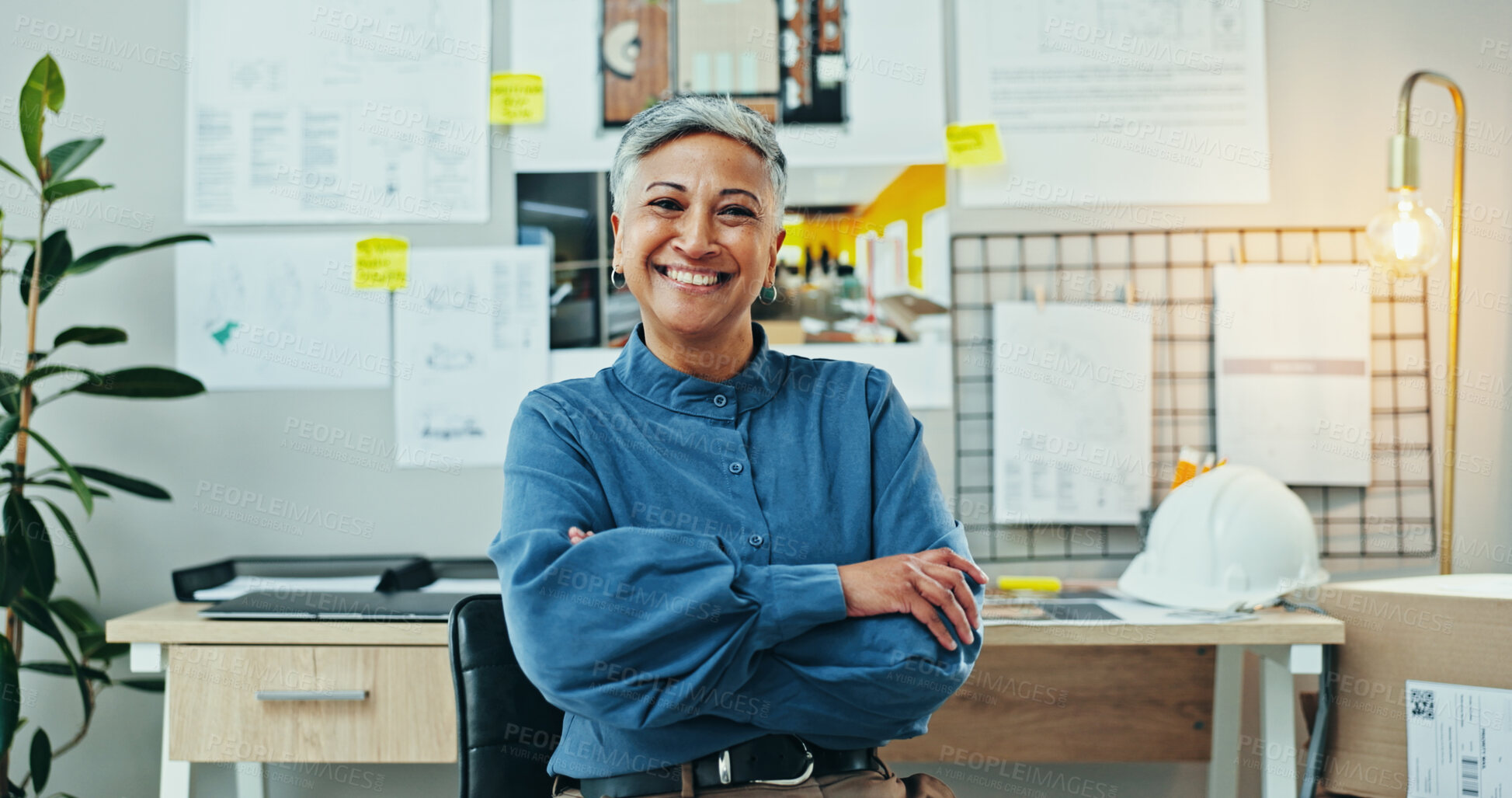 Buy stock photo Portrait, happy woman or confident in office for architecture, career pride or opportunity for housing development. Mature engineer, smile or arms crossed in firm with creative for project management