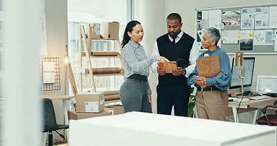 Buy stock photo Courier service, planning business people in office, tablet and brainstorming with online schedule. Employees, coworking or advice with distribution, tech or internet with logistics, help or teamwork