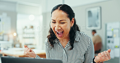 Buy stock photo Excited woman, celebration and winning with laptop for good news, promotion or email at office. Happy, female person or employee with smile or fist pump for amazing offer, deal or prize at workplace
