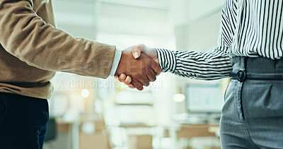 Buy stock photo Business people, handshake and meeting with teamwork for agreement, deal or partnership at office. Closeup, employees or colleagues shaking hands for negotiation, hiring or recruiting at workplace