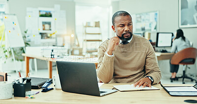 Buy stock photo Thinking, vision and laptop with business man in office for design proposal, project management and problem solving. Reflection, solution and brainstorming with person in creative agency for review