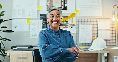 Buy stock photo Portrait, happy woman or confident in agency for architecture, career pride or opportunity for housing development. Mature engineer, smile or arms crossed in firm with creative for project management