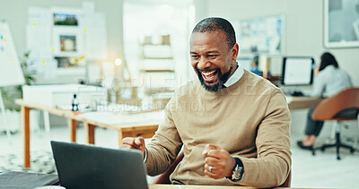 Buy stock photo Happy, black man and laptop with winning for good news, promotion or celebration at office. Excited, businessman or employee with smile or fist pump on computer for amazing offer or deal at workplace