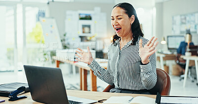 Buy stock photo Happy woman, surprise or winning with laptop for good news, promotion or celebration at office. Excited, female person or employee with smile on computer for amazing offer, deal or prize at workplace