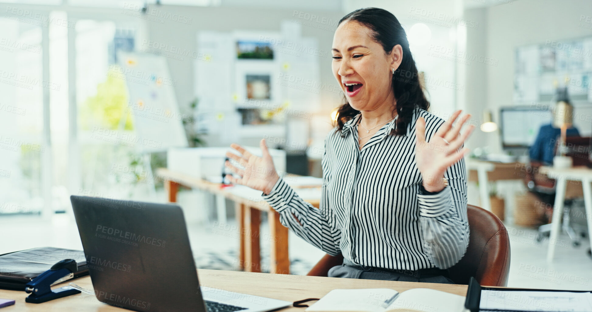 Buy stock photo Happy woman, surprise or winning with laptop for good news, promotion or celebration at office. Excited, female person or employee with smile on computer for amazing offer, deal or prize at workplace
