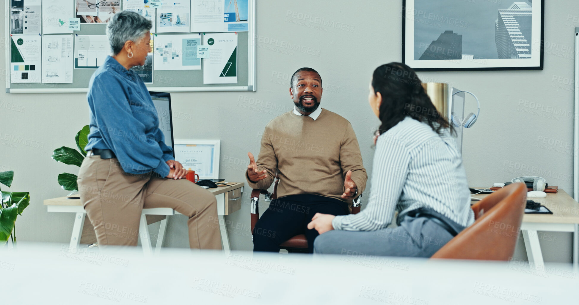 Buy stock photo Architect, group and meeting with discussion in office for planning, brainstorming or review for design. People, woman and man with diversity, feedback and solution at real estate development agency