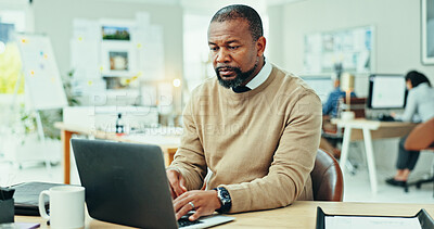 Buy stock photo Mature, laptop and businessman in office for research online for real estate opportunity or listing services. Realtor, typing or browsing housing website for apartment post, project or property ads