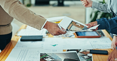 Buy stock photo Architects, hands and creative meeting with documents, planning and agency for design partnership. Business people, tablet and engineering for blueprint, brainstorming or problem solving for startup