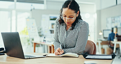 Buy stock photo Planning, laptop and woman in office with notes, business growth and online website project for graphic design. Schedule, agenda and businesswoman writing creative ideas in notebook at digital agency