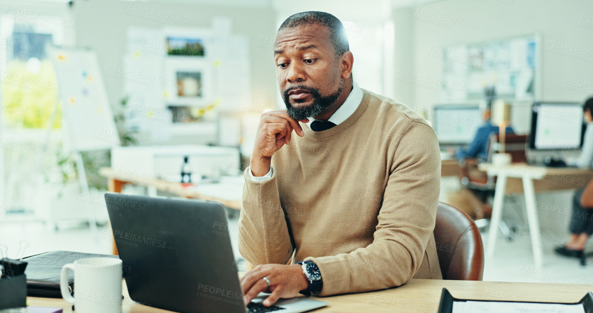 Buy stock photo Thinking, research and laptop with business man in office for design proposal, project management and problem solving. Reflection, solution and brainstorming with person in creative agency for review