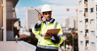 Buy stock photo Radio, engineer and clipboard with woman in city for architecture, building or communication. Construction site, inspection and project manager with person in outdoor for urban development checklist