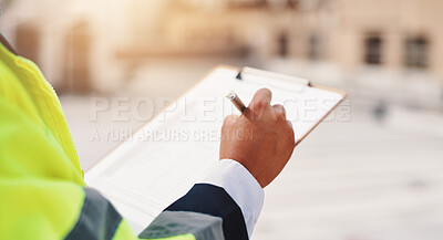 Buy stock photo Hands, engineer and clipboard in city for checklist, inspection notes or safety compliance. Person, writing or outdoor with documents for urban development, project management or supervisor paperwork