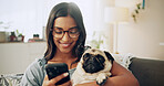 Smile, dog and phone with woman on sofa for bonding, social media post and pet adoption. Happiness, scroll and animal rescue with person in living room at home for foster care, search and online app