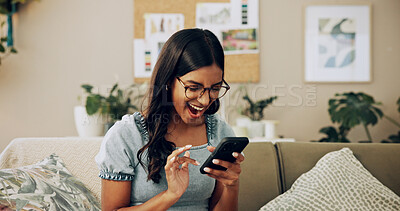 Buy stock photo Happy, phone and success with woman on sofa for bonus, online shopping deal and achievement. Good news,  social media post and celebration with person in living room at home for happiness and wow