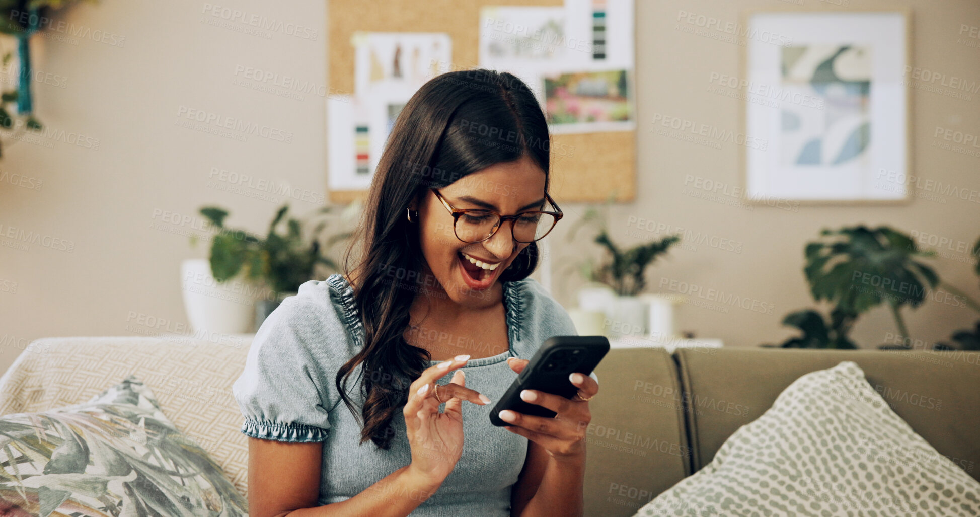 Buy stock photo Happy, phone and success with woman on sofa for bonus, online shopping deal and achievement. Good news,  social media post and celebration with person in living room at home for happiness and wow