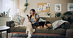 Happy woman, home and dog with headphones, mobile phone and bonding for love, companion and play. Female person, tech and pet care for emotional support in living room for happiness, music and relax