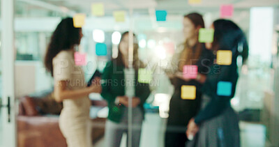 Buy stock photo Discussion, scrum and teamwork with business people in office for schedule, brainstorming and task progress. Meeting, timeline and workshop with employees for sticky note, training and moodboard