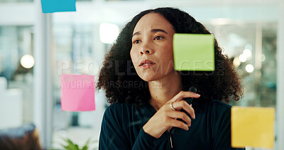 Buy stock photo Creative woman, thinking and schedule planning with glass board for tasks, agenda or reminder at office. Female person, thoughtful or business employee with wonder for solution, project or decision