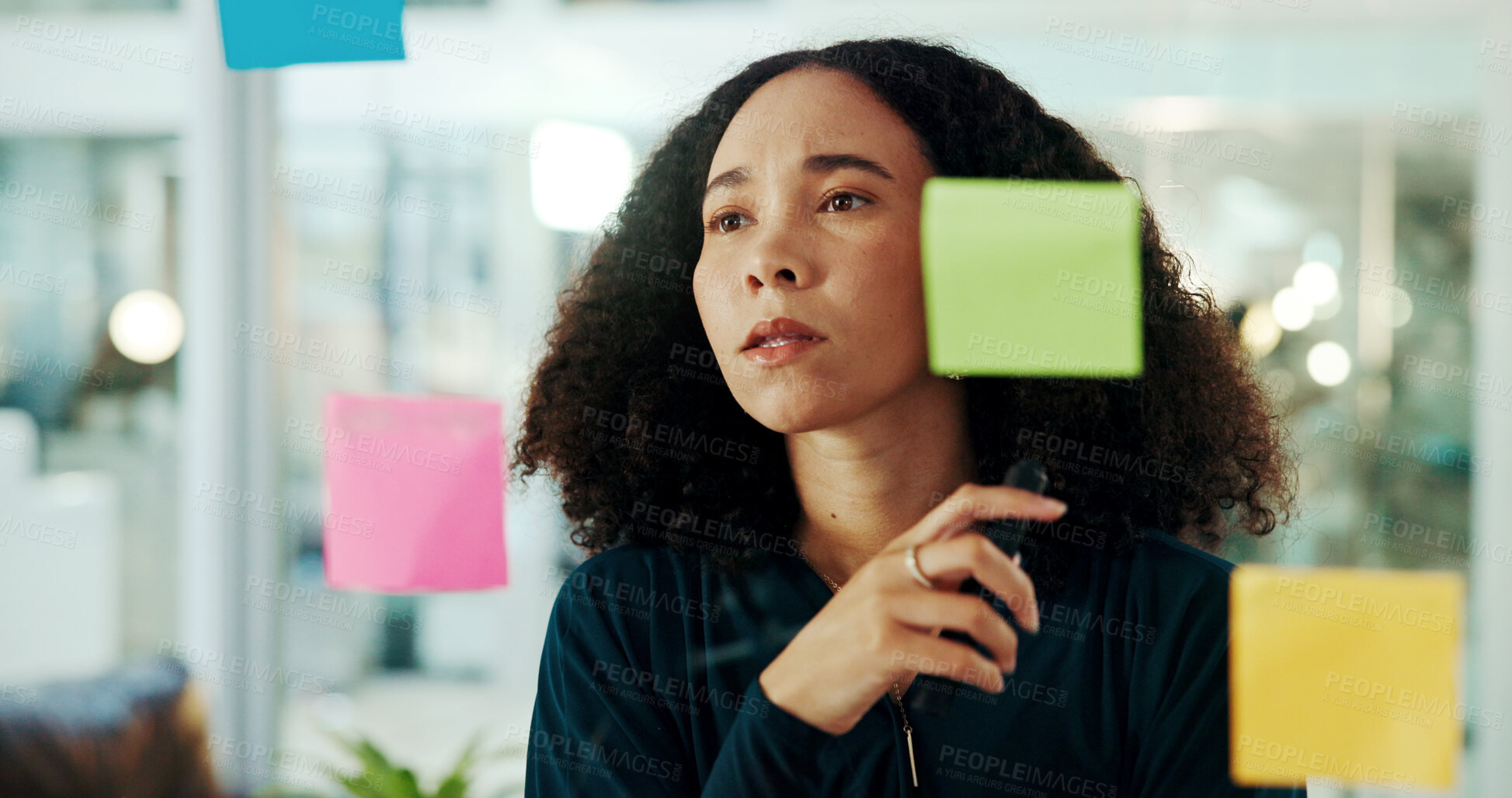 Buy stock photo Creative woman, thinking and schedule planning with glass board for tasks, agenda or reminder at office. Female person, thoughtful or business employee with wonder for solution, project or decision