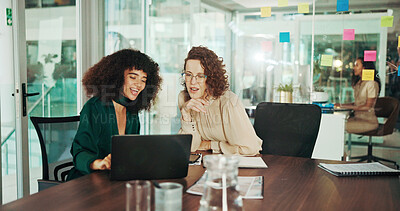 Buy stock photo Business women, laptop and discussion with project planning for strategy, schedule or report at office. Female people, employees or colleagues with smile on computer for brainstorming at workplace