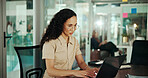 Laptop, typing and reading with business woman in office for public relations specialist, press release and planning. Communication manager, email and report editor with person in agency for news