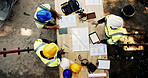 Construction site, business people and planning with tablet for architecture, building and blueprint. Above, engineer team and employees with ideas for industry renovation, infrastructure and meeting