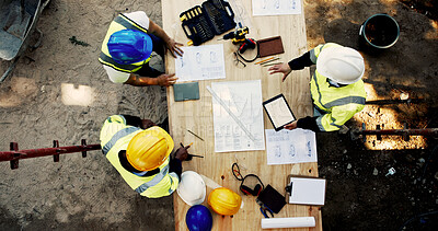 Buy stock photo Construction site, business people and planning with tablet for architecture, building and blueprint. Above, engineer team and employees with ideas for industry renovation, infrastructure and meeting