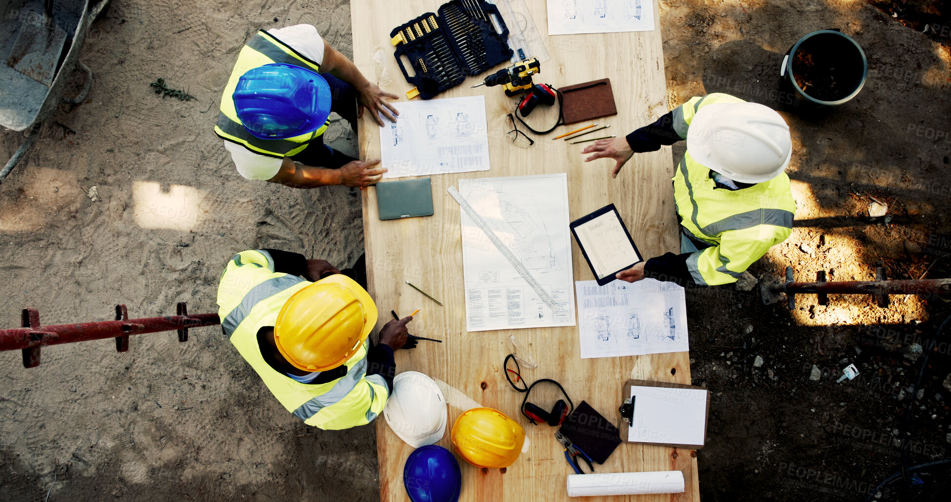 Buy stock photo Construction site, business people and planning with tablet for architecture, building and blueprint. Above, engineer team and employees with ideas for industry renovation, infrastructure and meeting