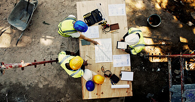 Buy stock photo Construction site, business people and blueprint with tablet for architecture, building and planning. Above, engineer team and employees with ideas for industry renovation, infrastructure and meeting