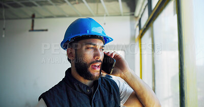 Buy stock photo Man, construction worker and phone call with talking for property, building and contact for project. Person, engineer or architect on smartphone, feedback and discussion for real estate development