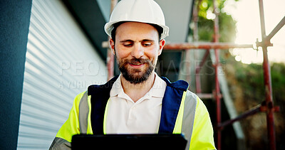 Buy stock photo Construction site, typing and man with tablet, engineering and project for building renovation. Person, architecture and employee with hard hat, tech and connection with digital app, idea and network