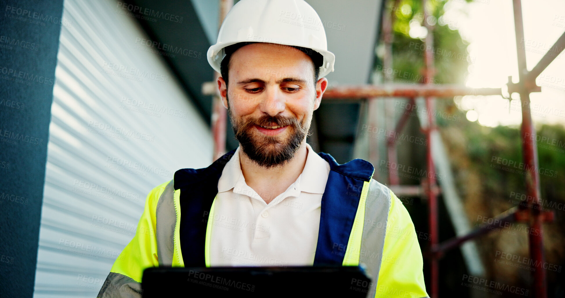 Buy stock photo Construction site, typing and man with tablet, engineering and project for building renovation. Person, architecture and employee with hard hat, tech and connection with digital app, idea and network