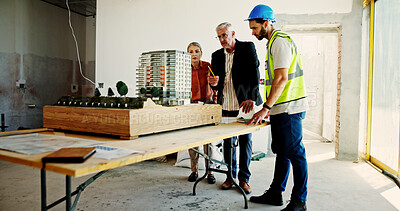 Buy stock photo Architecture, real estate and model with people on construction site for building, teamwork and inspection. Engineer, 3D planning and property developer with employee for contractor and renovation