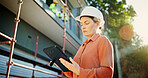 Construction site, thinking and woman with tablet, engineering and app with online checklist. Person, architecture and employee with hard hat, technology and building project with schedule and typing